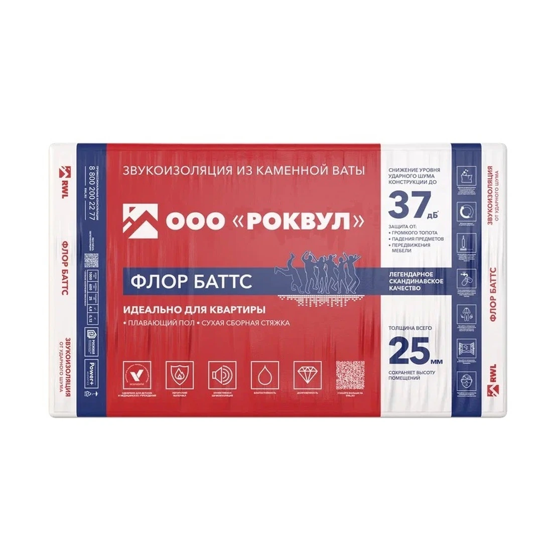 Базальтовая вата Rockwool (Роквул) Флор Баттс 1000х600х25 мм, 8 шт (125 кг/м3; 0.12 м3; 4.8 м2)
