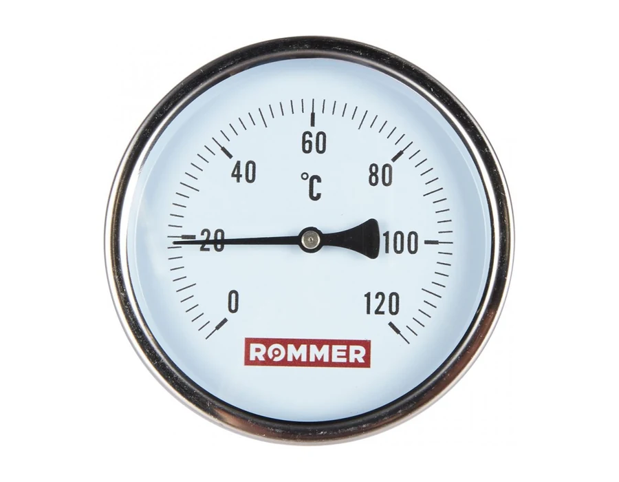 ROMMER Термометр биметаллический с погружной гильзой. Корпус Dn 100 мм, гильза 75 мм 1/2 , 0...120°С